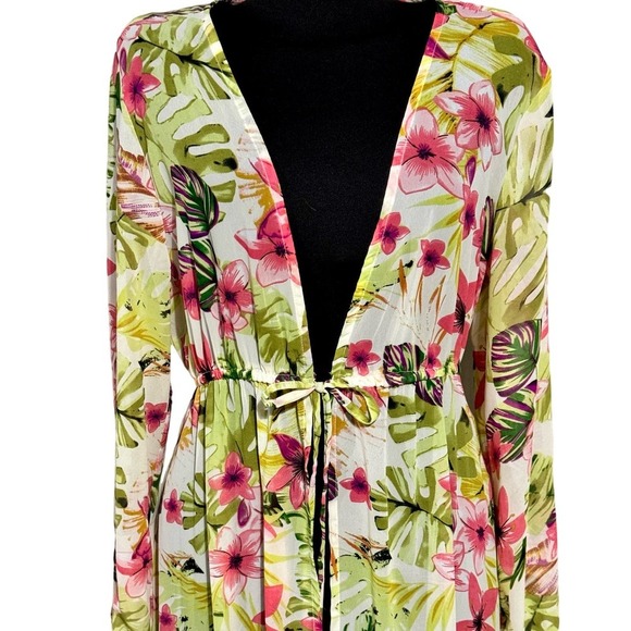 GOA Beachwear by Japna Drawstring Waist Floral Print Chiffon Coverup Robe L - Picture 5 of 8